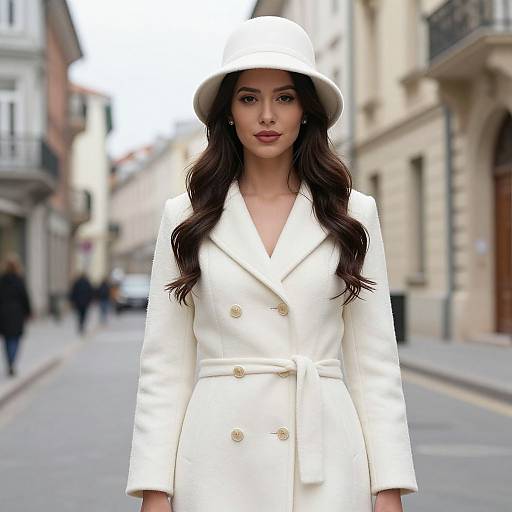 Photograph of a young woman with long dark hair, wearing a white double-breasted coat and matching hat, standing on a narrow European street with blurred