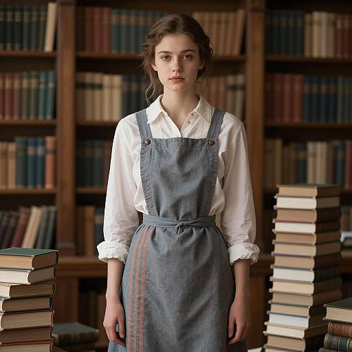 Young Woman in Vintage Dress in Library