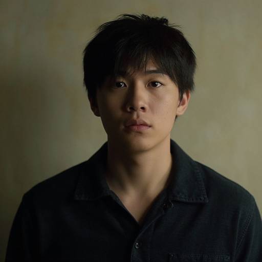 Photograph of a young Asian man with short black hair, wearing a dark shirt, against a muted greenish-gray background. His expression is neutral,