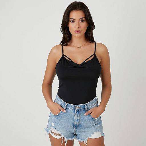 Photograph of a young woman with long dark hair, wearing a black spaghetti strap top and frayed denim shorts, standing against a white background, hands