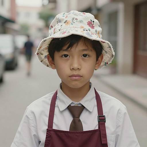 Young boy in floral hat and apron