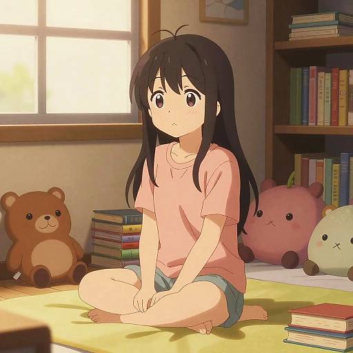Cozy Anime Girl in Plush Bedroom