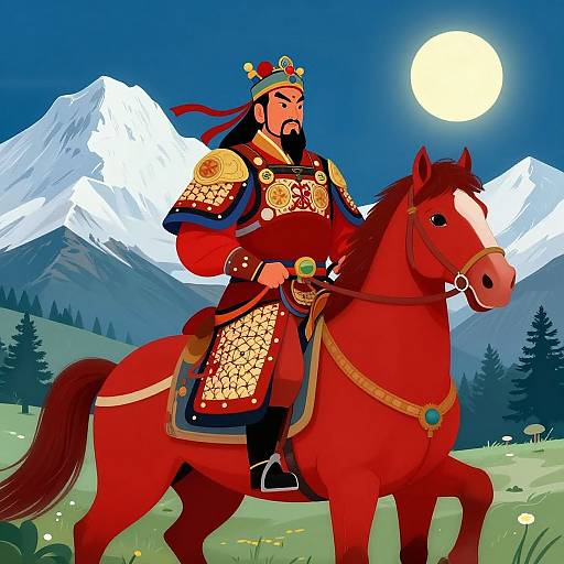 Digital illustration: Muscular Asian warrior with black beard, red and gold armor, and blue hat rides a red horse, set against a night sky with