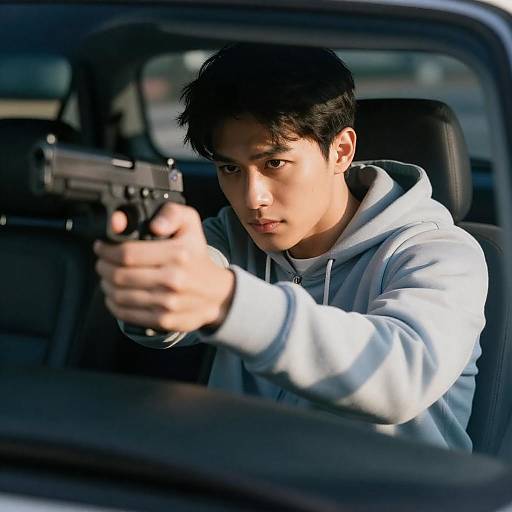 Young man aiming handgun inside car