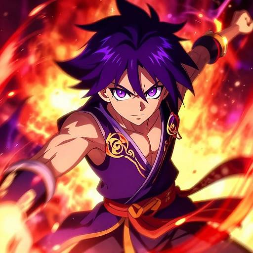 Anime-style digital drawing of a fierce, purple-haired warrior with intense blue eyes, arm raised, surrounded by bright, fiery flames.