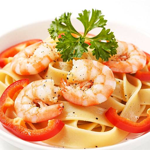 Photograph of shrimp pasta with red bell pepper slices, garnished with fresh parsley, black pepper, and a white background.