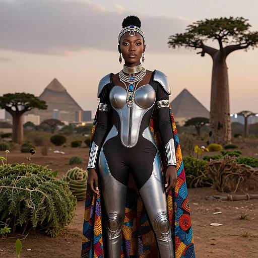 Photograph of a dark-skinned woman in a metallic, form-fitting bodysuit and colorful cape, standing in front of pyramids and ac