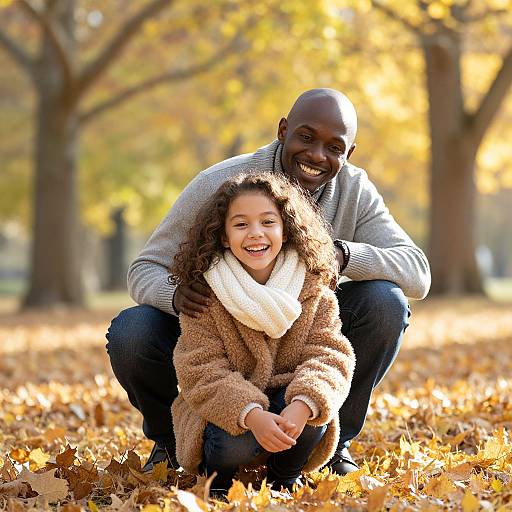Photograph of a smiling Black man in a gray sweater kneeling behind a curly-haired girl in a brown coat, both on a sunny autumn leaf-covered ground