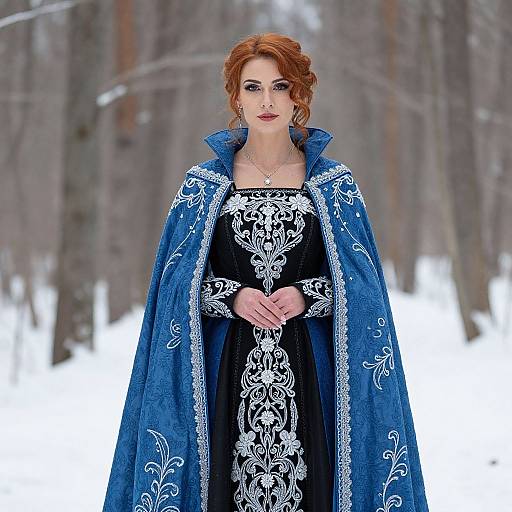Photograph of a red-haired woman with fair skin, wearing a blue, ornately embroidered cape over a black dress, standing in a snowy forest.