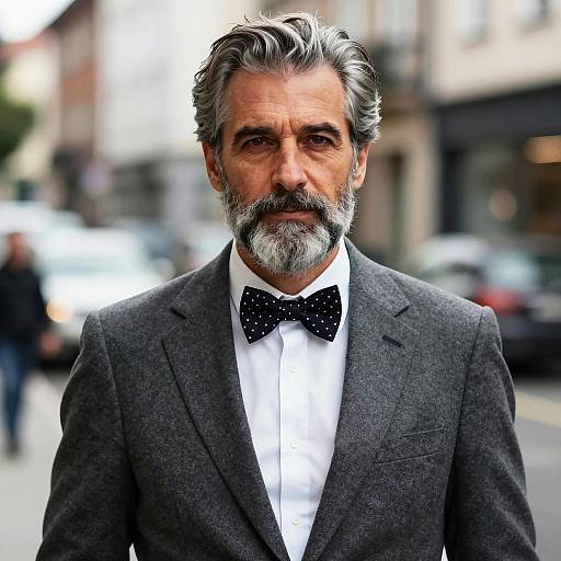 Distinguished Man in Grey Wool Suit with Bow Tie