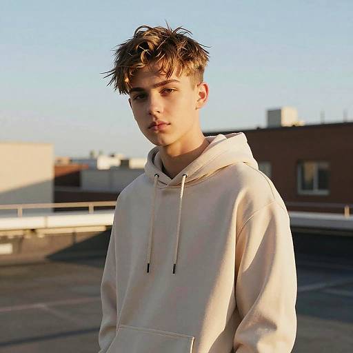 Photograph of a young, Caucasian boy with tousled brown hair, wearing a white hooded sweatshirt, standing on a rooftop at sunset.