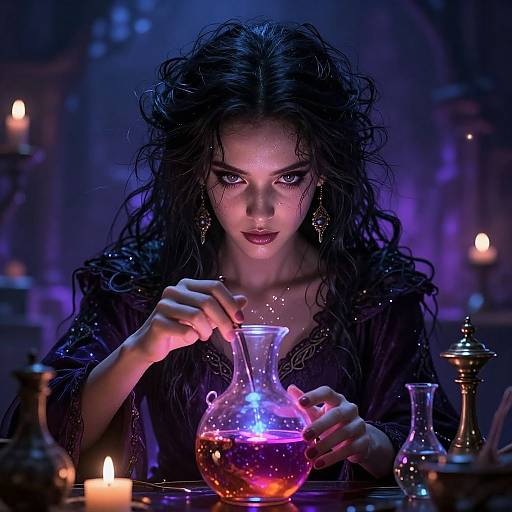 A dark-haired woman with glowing eyes focuses on a glowing purple-blue potion in a dim, candlelit medieval laboratory. Digital art.