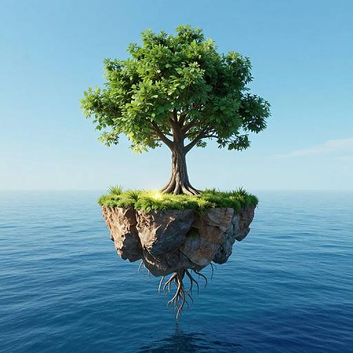 Digital artwork of a lush, green tree floating on a rocky island above calm, blue ocean water under a clear sky.