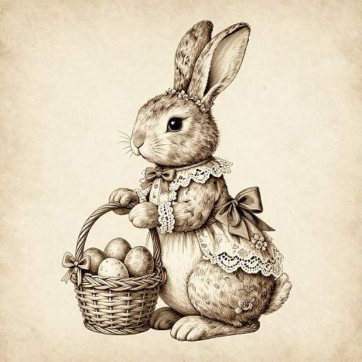 Ink drawing of an anthropomorphic rabbit wearing a lace dress with ribbons, holding a basket of eggs. Sepia-toned, detailed, and