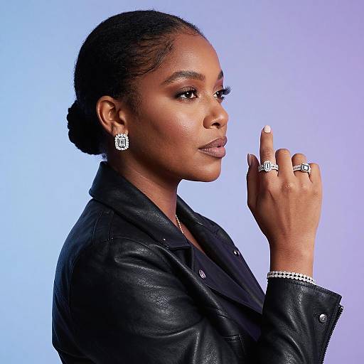 Elegant Woman Wearing Diamond Jewelry and Leather Jacket