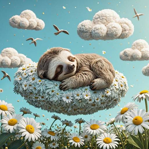 Sleepy Baby Sloth on Flying Daisy Cloud
