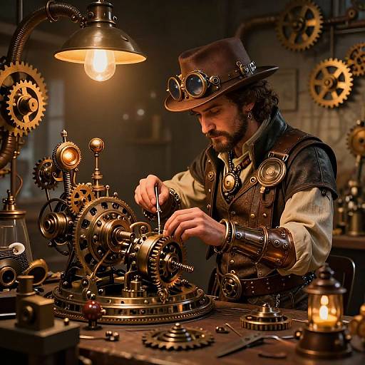 Steampunk inventor with brown hat and goggles, tinkering with intricate clockwork machinery under warm, glowing lamp in dimly lit workshop.