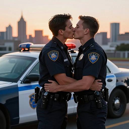 Photograph of two male police officers in black uniforms kissing passionately in front of a police car at sunset, city skyline blurred in the background.