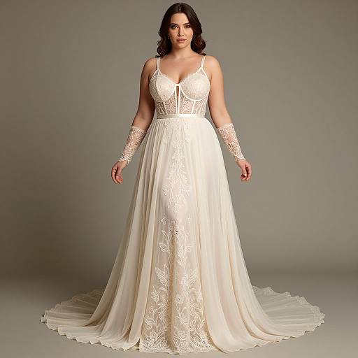 Photograph of a plus-size woman with dark hair wearing a white lace wedding dress with delicate floral embroidery and long sleeves.