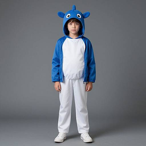 Photograph of a young boy in a blue and white unicorn costume with hood, standing against a gray background.