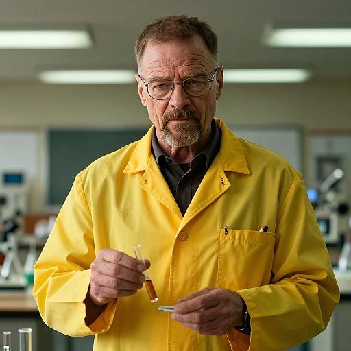 Photograph of middle-aged man with grey beard, glasses, and yellow lab coat, holding test tube in laboratory, illuminated by overhead lights.