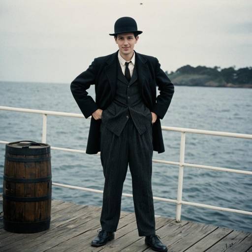 Man in Vintage Stan Laurel Style Outfit on Pier
