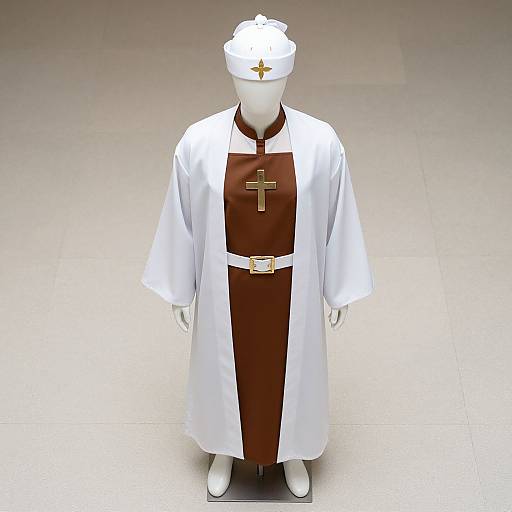 Photograph of a white, faceless mannequin dressed in a white and brown clerical robe with a gold cross, white hat, and white