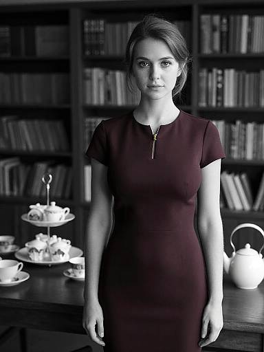 Photograph of a serious young woman with light skin, dark hair in a bun, wearing a fitted maroon dress, standing in a dimly lit