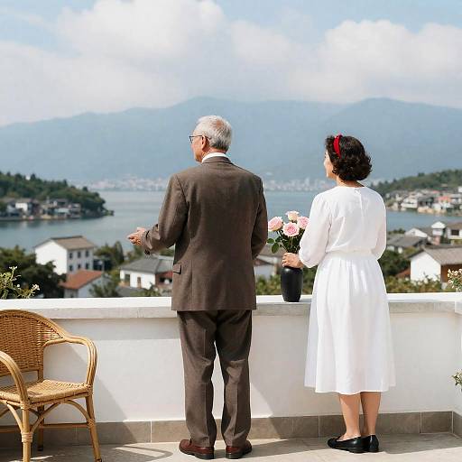 Romantic Balcony View with Elegant Couple