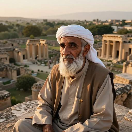 Photograph of an elderly Middle Eastern man with a white turban and gray beard, sitting on ancient ruins at sunset, wearing a beige traditional robe.