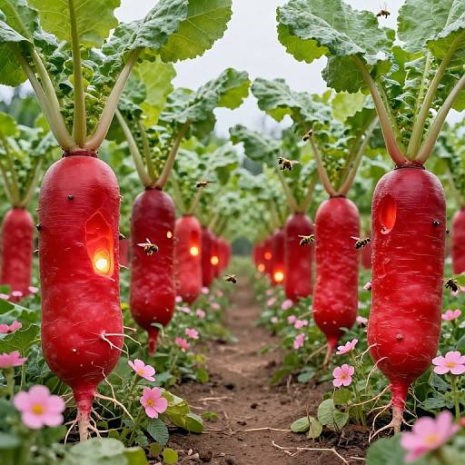 Surreal Garden Path with Glowing Radishes