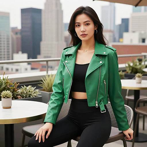 Photograph of an Asian woman with long black hair, green leather jacket, black crop top, and black pants, sitting on a rooftop terrace with city