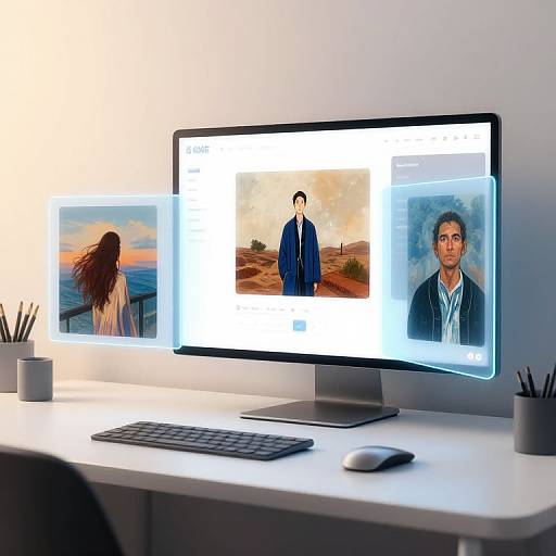 Photograph of a modern white desk with three monitors displaying different images: a woman in silhouette, a man in a suit, and another man in a