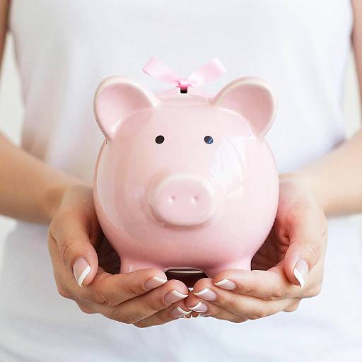 Photograph of hands with manicured nails holding a pink piggy bank, against a bright white background.