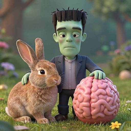 CGI image of a green-skinned, black-haired zombie boy in a suit, holding a pink brain and petting a brown rabbit in a colorful