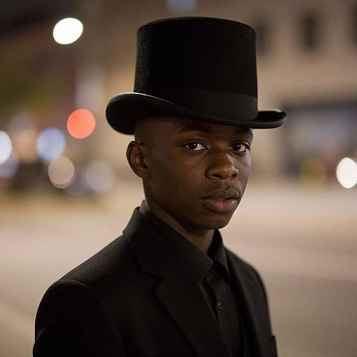 Photograph of a serious Black man with dark skin wearing a black top hat and black suit, standing on a blurred, lit city street at night.
