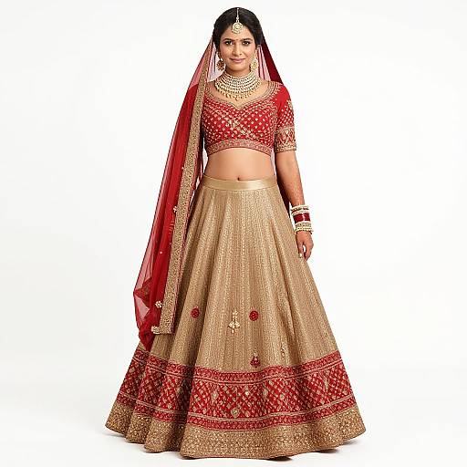 Photograph of a South Asian bride in a red and gold traditional lehenga choli, adorned with intricate embroidery, and a red veil, wearing heavy