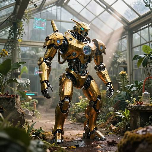 Photorealistic CGI of a golden, robotic humanoid with glowing blue eyes and holographic displays, standing in a lush, sunlit greenhouse.