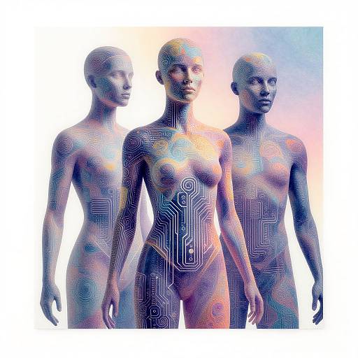 Digital art of three naked, futuristic, bald women with circuitry patterns on their skin, standing against a gradient blue-purple background.