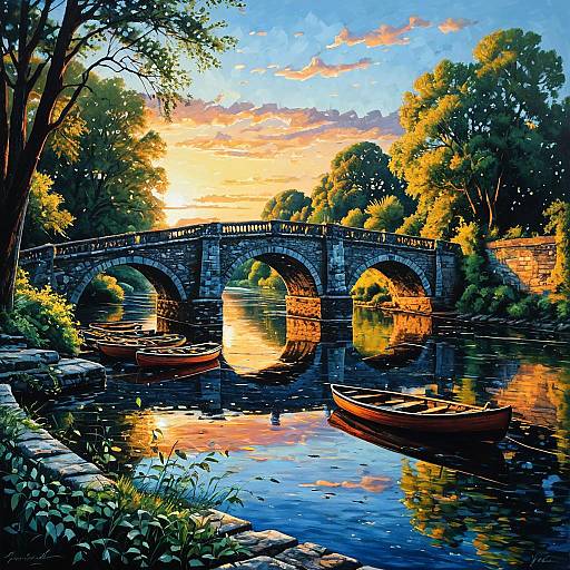 Sunset Stone Bridge with Rowboats