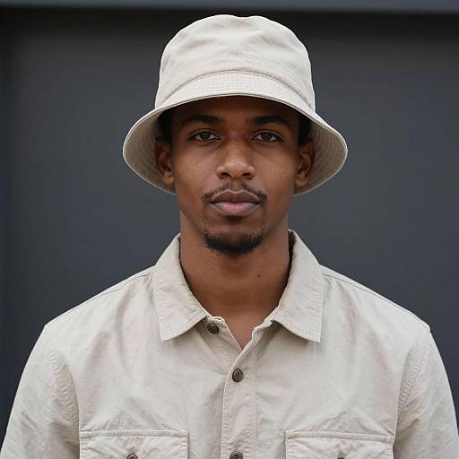 Young Man Wearing Beige Bucket Hat and Shirt