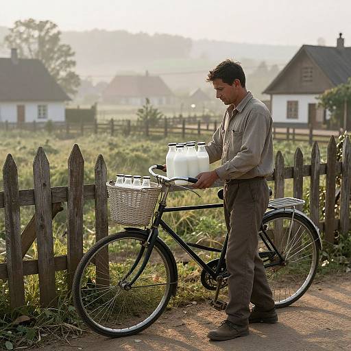 Photograph of a middle-aged man in rustic clothing, loading a white basket onto a black bicycle beside a wooden fence in a sunlit rural village with