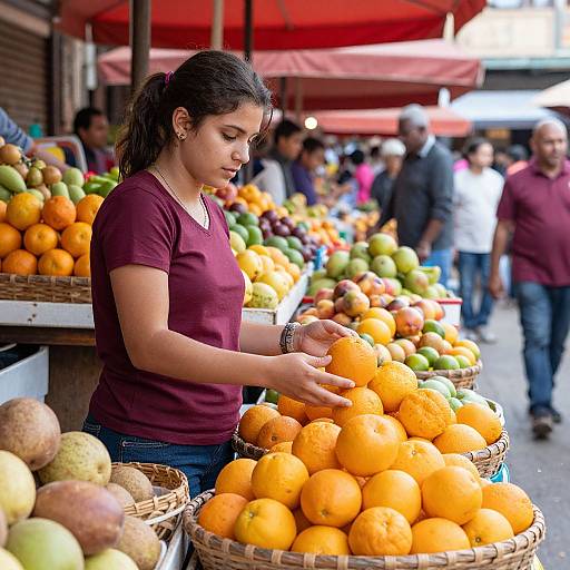 Photograph of a young woman with dark hair in a maroon shirt, inspecting oranges at a vibrant market stall with baskets of fruit, surrounded by