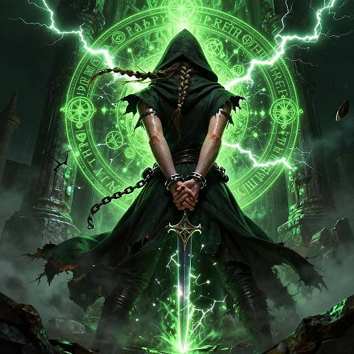 Digital fantasy artwork: Dark-robed, hooded figure with braided hair, shackled wrists, holding glowing sword, stands before a neon green magical