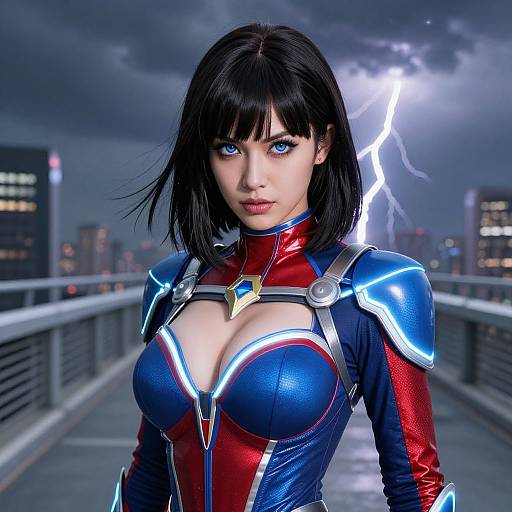 CGI image of a fierce, blue-eyed woman with black hair in a blue, red, and silver superhero costume, standing on a rainy, lightning