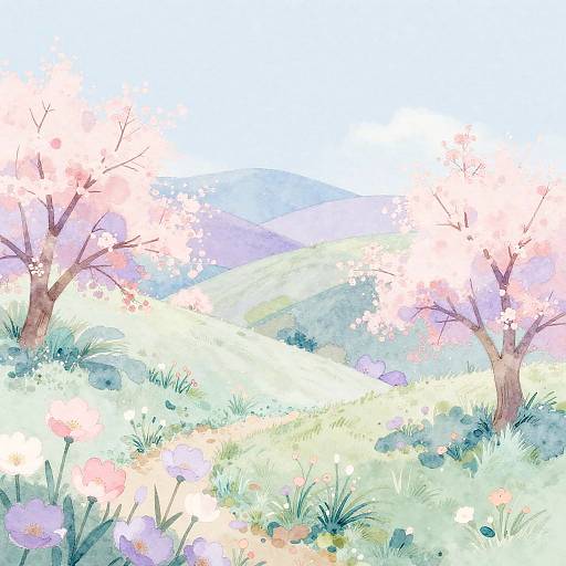 Dreamy Spring Landscape Watercolor
