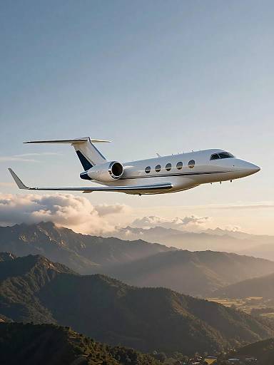 Business Jet Flying Over Mountains at Golden Hour