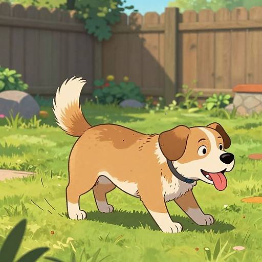Cartoon-style digital drawing of a happy, brown and white dog with a black collar, tongue out, walking on a sunny grassy yard with a