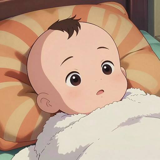 Anime-style digital drawing of a bald baby with large, round eyes, lying in bed with a white blanket and orange-striped pillow.