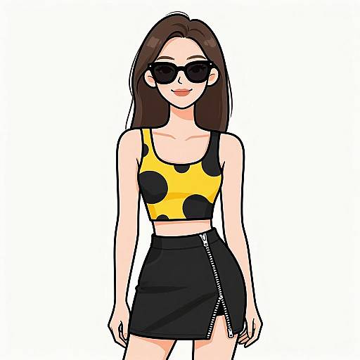 Digital illustration of a stylish woman with long brown hair, black sunglasses, yellow and black polka dot crop top, and black skirt with zipper detail,